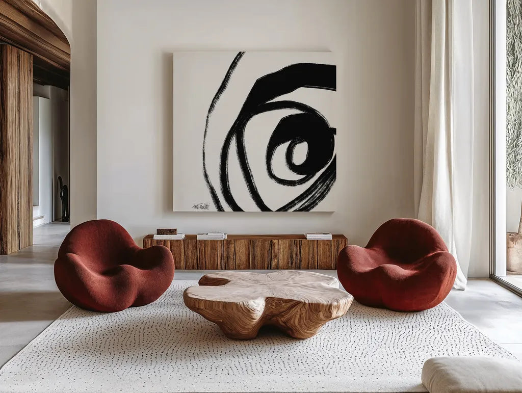 Black and White Abstract III by Anne Tavoletti. Shown as extra-large giant wall art in a modern living room. Available as an archival giclee rolled canvas, fine art paper, or poster print. SKU 77914a.