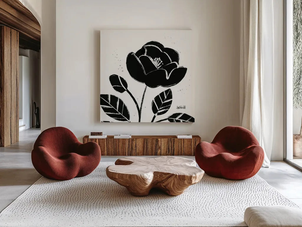 Bold Blooms VI by Anne Tavoletti. Shown as extra-large giant wall art in a modern living room. Available as an archival giclee rolled canvas, fine art paper, or poster print. SKU 75201a.