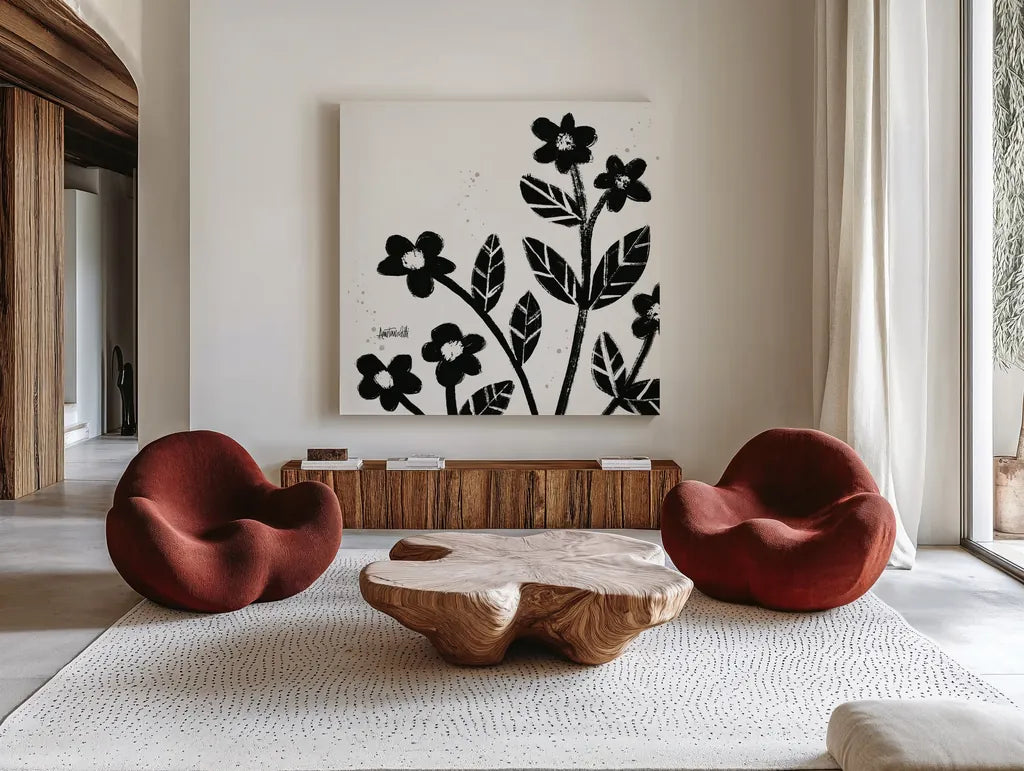 Bold Blooms VII by Anne Tavoletti. Shown as extra-large giant wall art in a modern living room. Available as an archival giclee rolled canvas, fine art paper, or poster print. SKU 75202a.