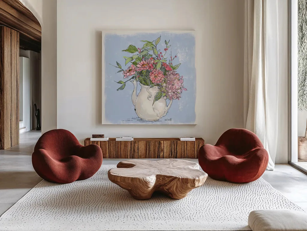 Bouquet in Pitcher by Anne Tavoletti. Shown as extra-large giant wall art in a modern living room. Available as an archival giclee rolled canvas, fine art paper, or poster print. SKU 100593a.