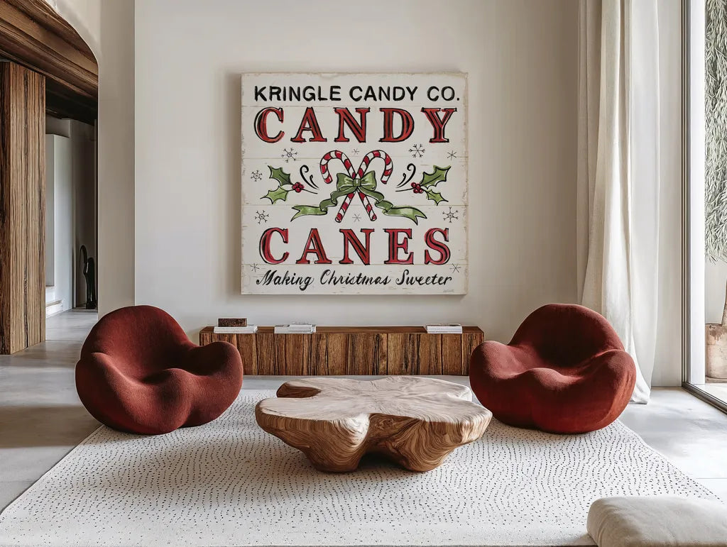 Christmas Treats V by Anne Tavoletti. Shown as extra-large giant wall art in a modern living room. Available as an archival giclee rolled canvas, fine art paper, or poster print. SKU 70376a.