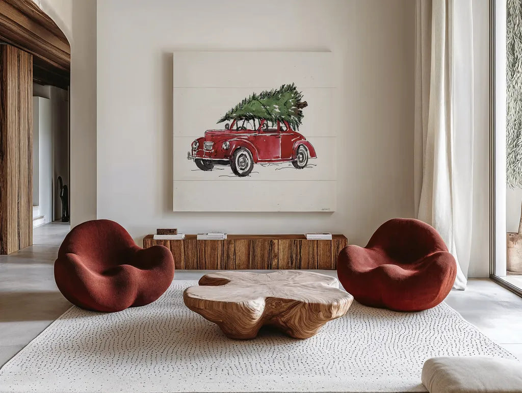 Christmas in the Woods VI No Words by Anne Tavoletti. Shown as extra-large giant wall art in a modern living room. Available as an archival giclee rolled canvas, fine art paper, or poster print. SKU 66635a.