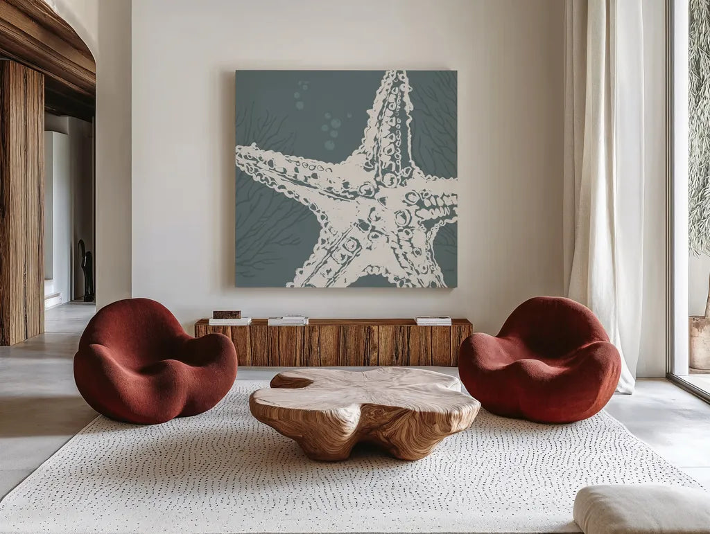 Coastal Seaside Style XIII by Anne Tavoletti. Shown as extra-large giant wall art in a modern living room. Available as an archival giclee rolled canvas, fine art paper, or poster print. SKU 87166a.