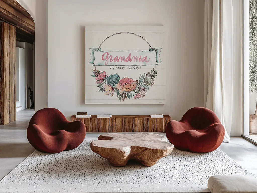 Country Love IV Grandma by Anne Tavoletti. Shown as extra-large giant wall art in a modern living room. Available as an archival giclee rolled canvas, fine art paper, or poster print. SKU 68738a.