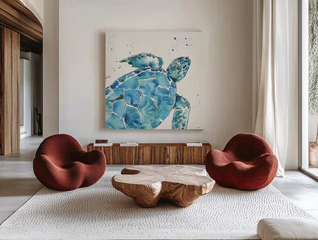 Deep Sea IX by Anne Tavoletti. Shown as extra-large giant wall art in a modern living room. Available as an archival giclee rolled canvas, fine art paper, or poster print. SKU 46576a.