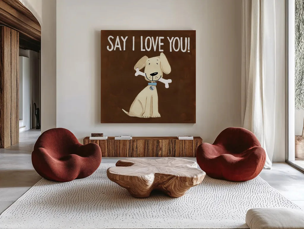 Dog Inspiration Say I love you by Anne Tavoletti. Shown as extra-large giant wall art in a modern living room. Available as an archival giclee rolled canvas, fine art paper, or poster print. SKU 16389a.