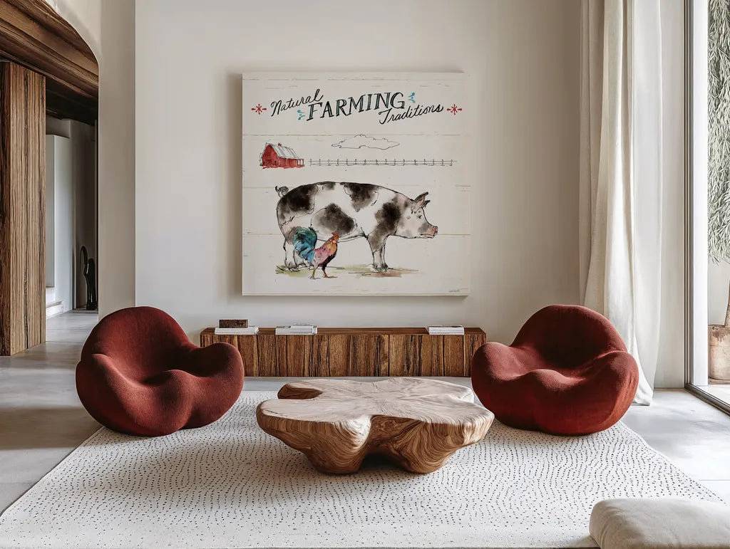 Down on the Farm III by Anne Tavoletti. Shown as extra-large giant wall art in a modern living room. Available as an archival giclee rolled canvas, fine art paper, or poster print. SKU 36684a.