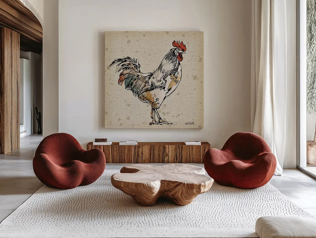 Farm Life III No Words by Anne Tavoletti. Shown as extra-large giant wall art in a modern living room. Available as an archival giclee rolled canvas, fine art paper, or poster print. SKU 18669a.