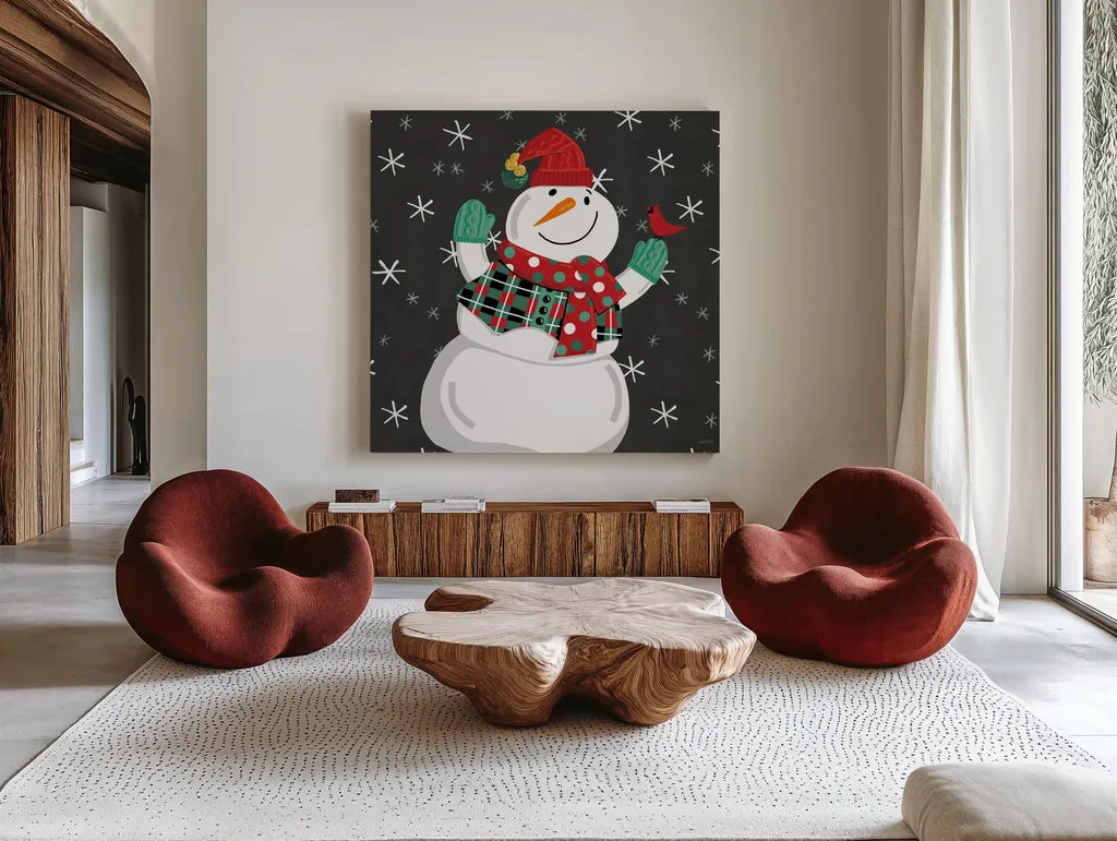 Festive Christmas VI by Anne Tavoletti. Shown as extra-large giant wall art in a modern living room. Available as an archival giclee rolled canvas, fine art paper, or poster print. SKU 91705a.