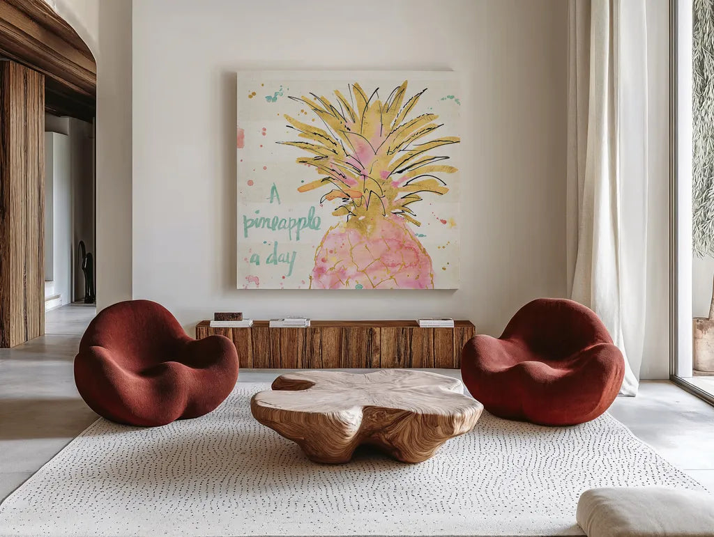 Flamingo Fever V by Anne Tavoletti. Shown as extra-large giant wall art in a modern living room. Available as an archival giclee rolled canvas, fine art paper, or poster print. SKU 21110a.