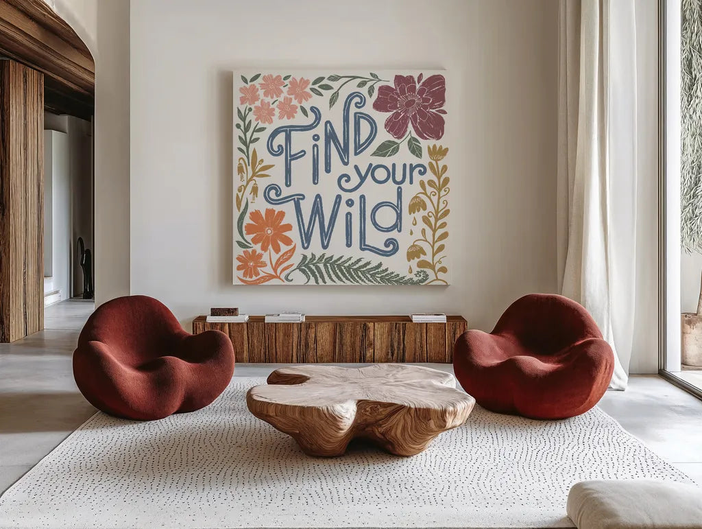 Flower Fest VIII by Anne Tavoletti. Shown as extra-large giant wall art in a modern living room. Available as an archival giclee rolled canvas, fine art paper, or poster print. SKU 98442a.