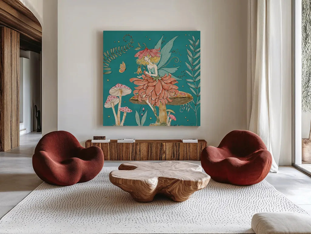 Garden Fairies Blue IV by Anne Tavoletti. Shown as extra-large giant wall art in a modern living room. Available as an archival giclee rolled canvas, fine art paper, or poster print. SKU 95344a.