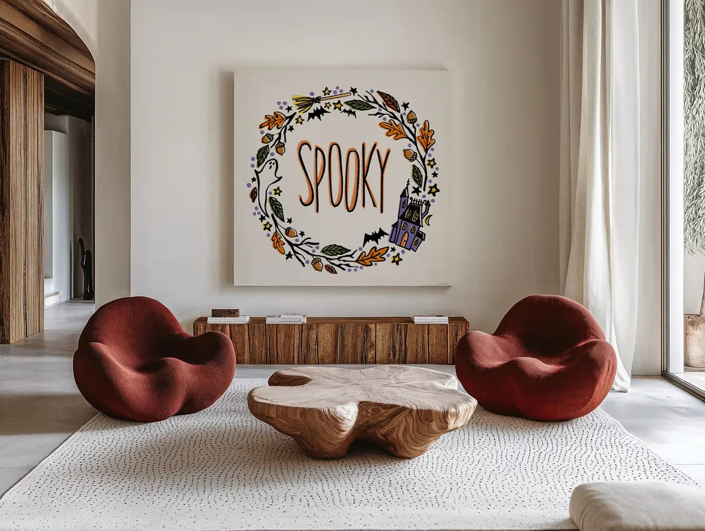 Halloween Wreath I by Anne Tavoletti. Shown as extra-large giant wall art in a modern living room. Available as an archival giclee rolled canvas, fine art paper, or poster print. SKU 77347a.