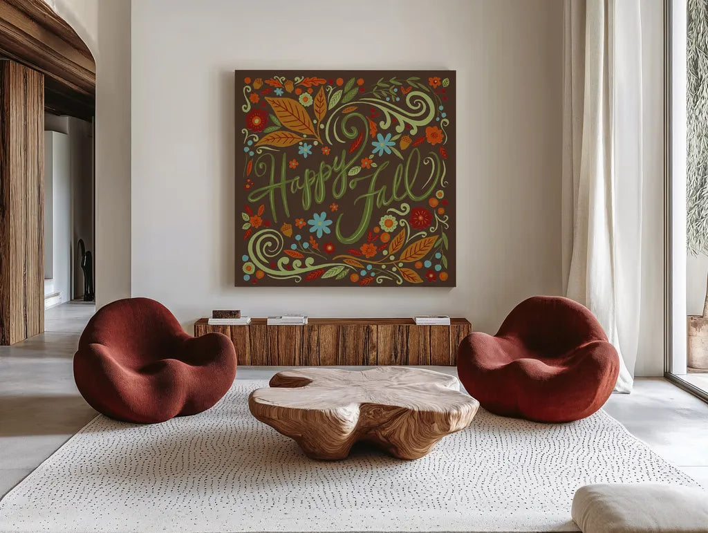 Happy Fall I Dark by Anne Tavoletti. Shown as extra-large giant wall art in a modern living room. Available as an archival giclee rolled canvas, fine art paper, or poster print. SKU 65841a.