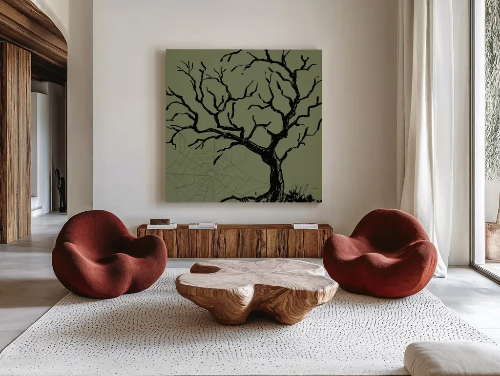 Haunted V by Anne Tavoletti. Shown as extra-large giant wall art in a modern living room. Available as an archival giclee rolled canvas, fine art paper, or poster print. SKU 80940a.