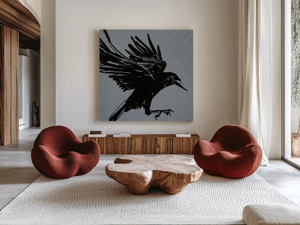 Haunted VI by Anne Tavoletti. Shown as extra-large giant wall art in a modern living room. Available as an archival giclee rolled canvas, fine art paper, or poster print. SKU 80941a.