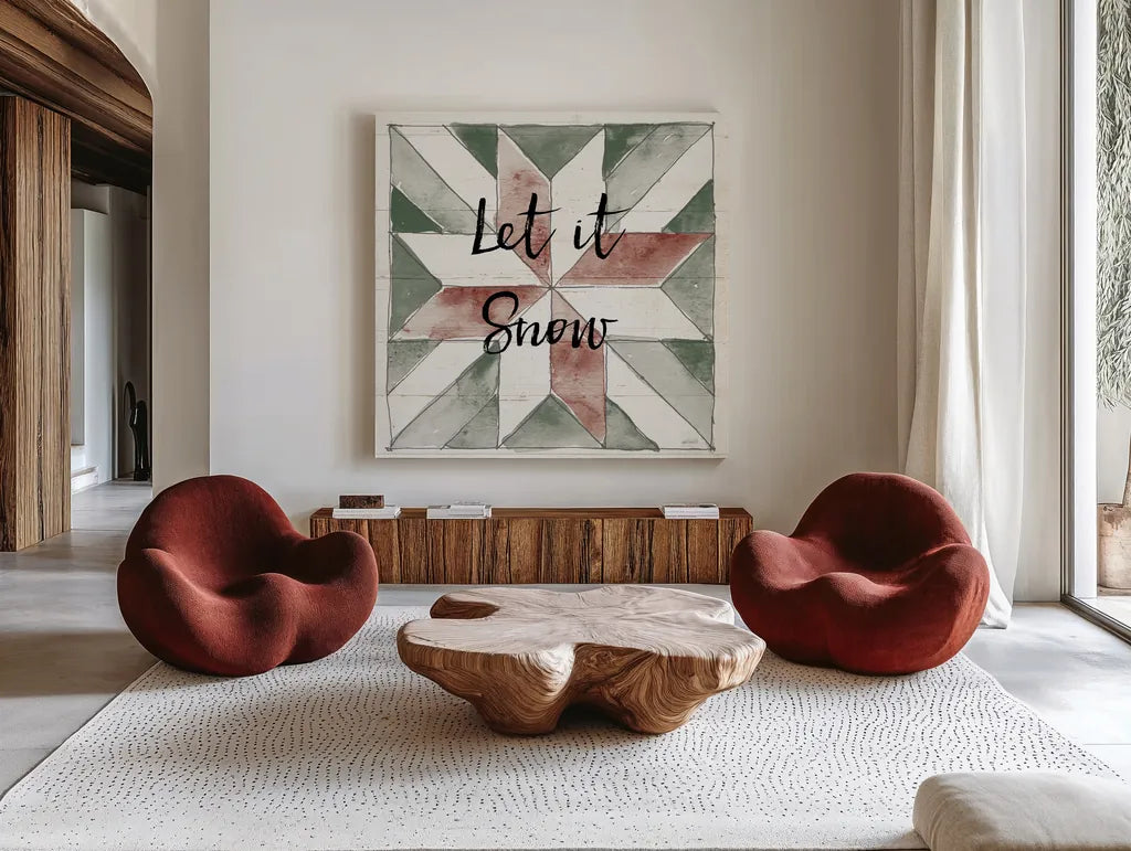 Holiday Farm Memories XIV by Anne Tavoletti. Shown as extra-large giant wall art in a modern living room. Available as an archival giclee rolled canvas, fine art paper, or poster print. SKU 64872a.