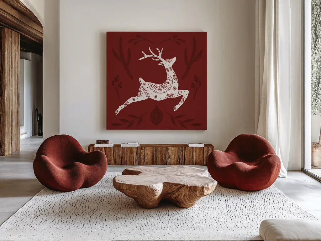 Holiday Form III by Anne Tavoletti. Shown as extra-large giant wall art in a modern living room. Available as an archival giclee rolled canvas, fine art paper, or poster print. SKU 95869a.