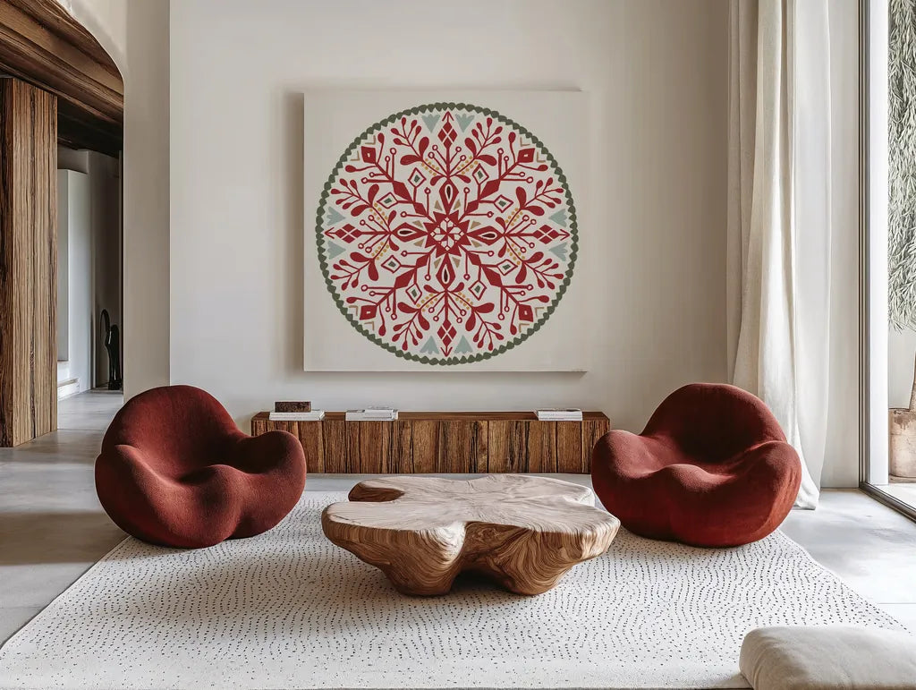 Holiday Form XI Color by Anne Tavoletti. Shown as extra-large giant wall art in a modern living room. Available as an archival giclee rolled canvas, fine art paper, or poster print. SKU 95886a.
