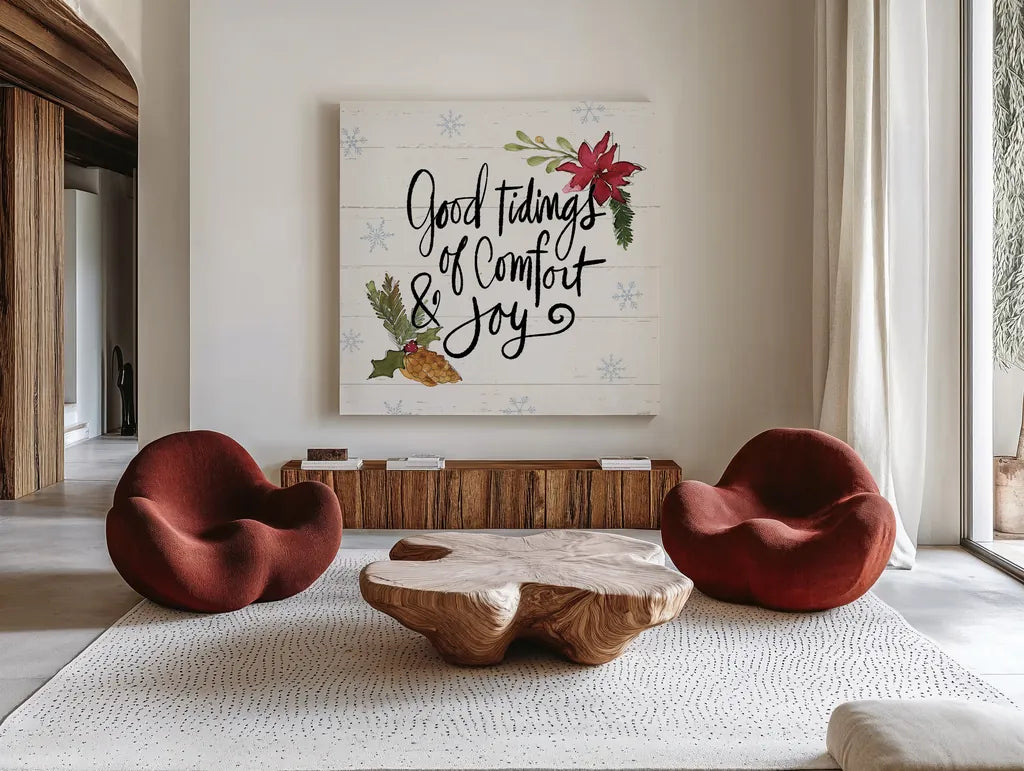 Holiday Vignette IX by Anne Tavoletti. Shown as extra-large giant wall art in a modern living room. Available as an archival giclee rolled canvas, fine art paper, or poster print. SKU 76510a.