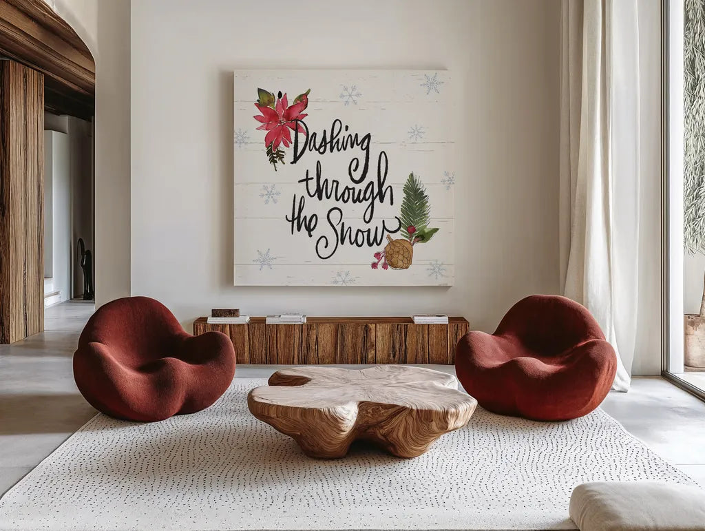 Holiday Vignette VIII by Anne Tavoletti. Shown as extra-large giant wall art in a modern living room. Available as an archival giclee rolled canvas, fine art paper, or poster print. SKU 76509a.