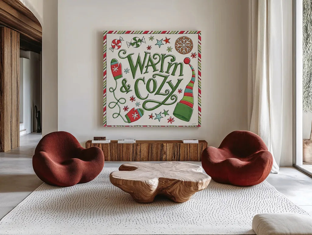 Holiday Whimsy II by Anne Tavoletti. Shown as extra-large giant wall art in a modern living room. Available as an archival giclee rolled canvas, fine art paper, or poster print. SKU 77279a.