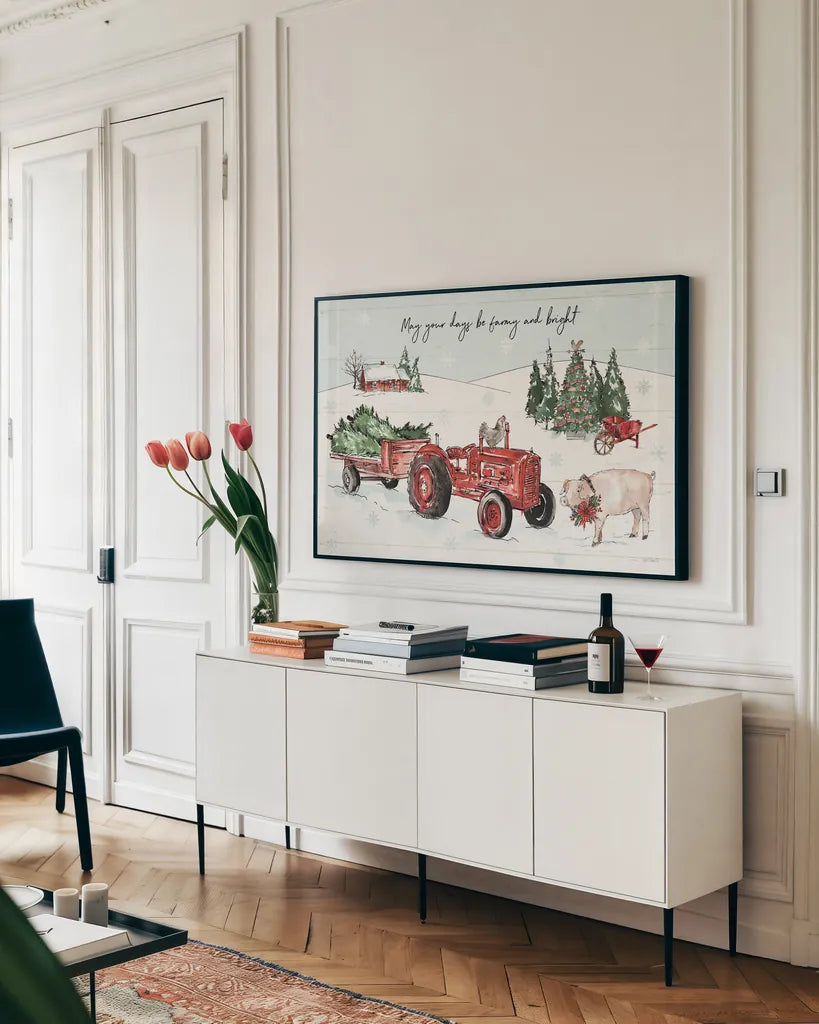 Holiday on the Farm I Farmy and Bright by Anne Tavoletti. shown as a framed stretched canvas in a living room above a console. Available as a archival giclee rolled canvas, fine art paper, or poster print. SKU 38397i.