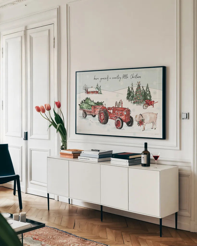 Holiday on the Farm I with Headlights by Anne Tavoletti. shown as a framed stretched canvas in a living room above a console. Available as a archival giclee rolled canvas, fine art paper, or poster print. SKU 46662i.