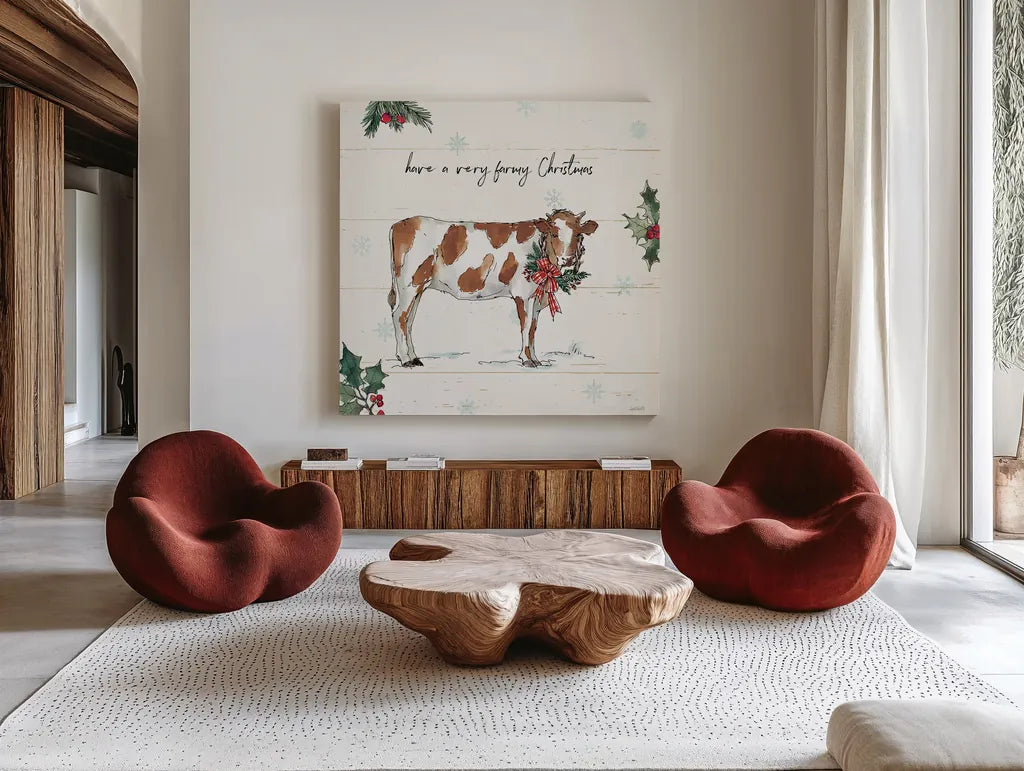 Holiday on the Farm III by Anne Tavoletti. Shown as extra-large giant wall art in a modern living room. Available as an archival giclee rolled canvas, fine art paper, or poster print. SKU 37273a.