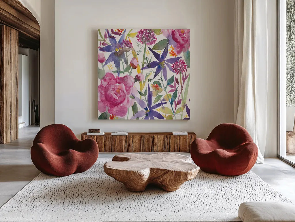 June Flowers by Anne Tavoletti. Shown as extra-large giant wall art in a modern living room. Available as an archival giclee rolled canvas, fine art paper, or poster print. SKU 59347a.