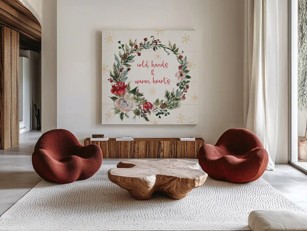 Lighthearted Holiday V by Anne Tavoletti. Shown as extra-large giant wall art in a modern living room. Available as an archival giclee rolled canvas, fine art paper, or poster print. SKU 60676a.