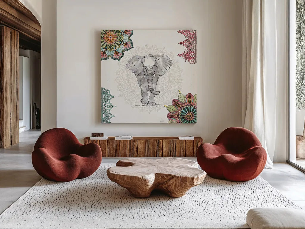 Mandala Morning I by Anne Tavoletti. Shown as extra-large giant wall art in a modern living room. Available as an archival giclee rolled canvas, fine art paper, or poster print. SKU 34825a.
