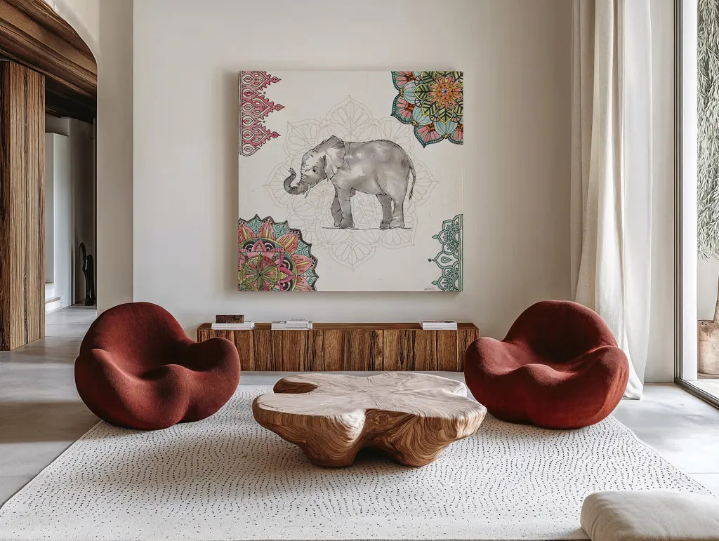 Mandala Morning II by Anne Tavoletti. Shown as extra-large giant wall art in a modern living room. Available as an archival giclee rolled canvas, fine art paper, or poster print. SKU 34826a.