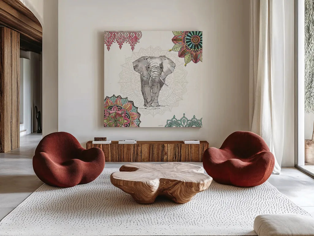 Mandala Morning IV by Anne Tavoletti. Shown as extra-large giant wall art in a modern living room. Available as an archival giclee rolled canvas, fine art paper, or poster print. SKU 34828a.