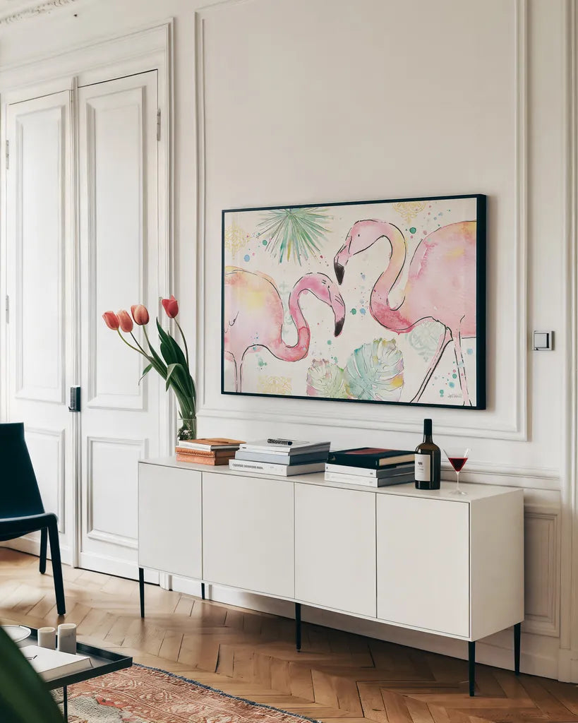Palm Passion I by Anne Tavoletti. shown as a framed stretched canvas in a living room above a console. Available as a archival giclee rolled canvas, fine art paper, or poster print. SKU 29023i.