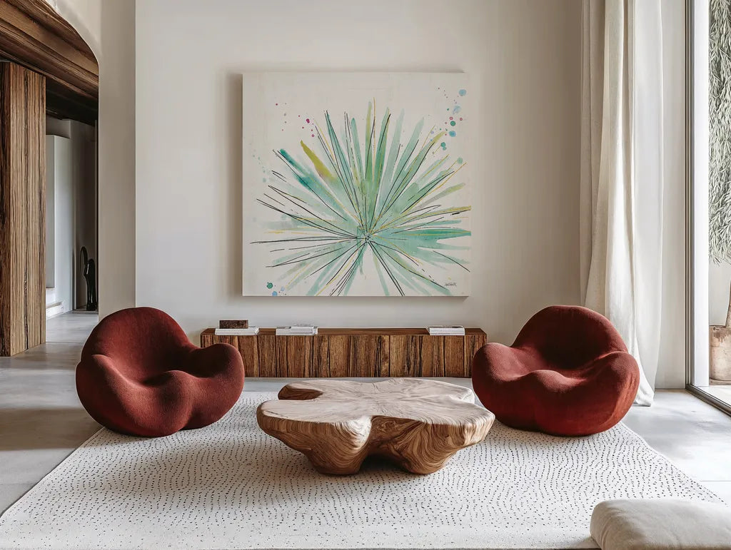 Palm Passion V no Words by Anne Tavoletti. Shown as extra-large giant wall art in a modern living room. Available as an archival giclee rolled canvas, fine art paper, or poster print. SKU 29194a.