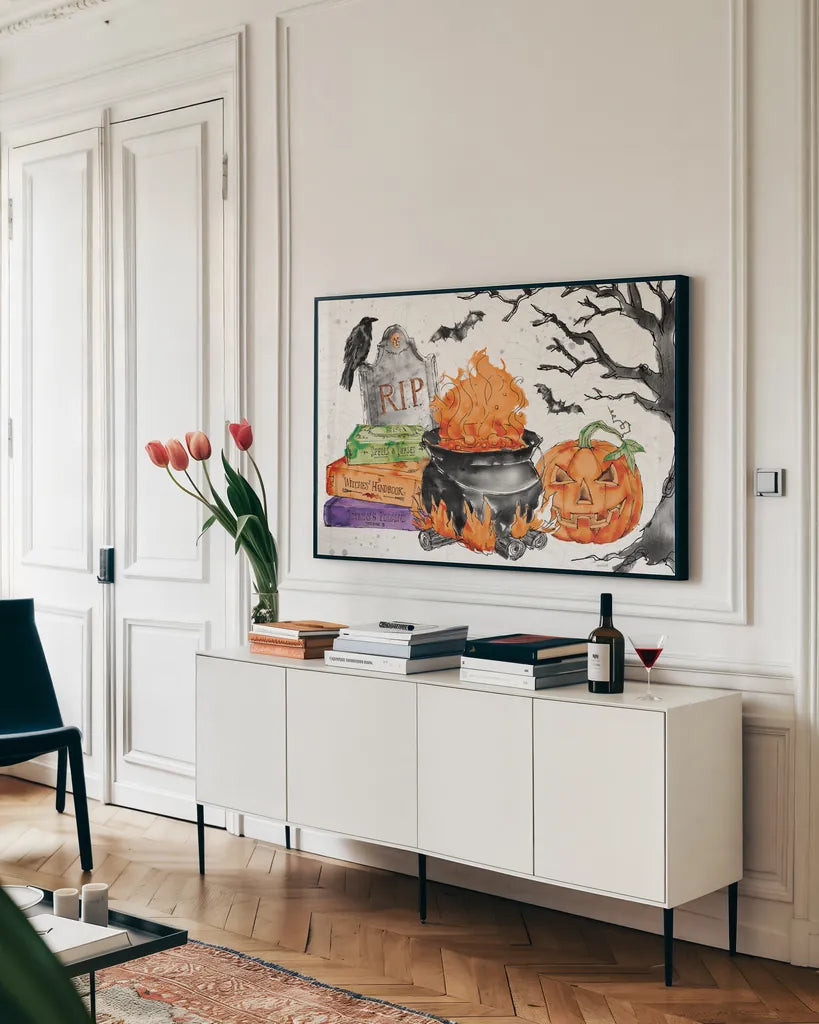 Phantoms of the Night I Color by Anne Tavoletti. shown as a framed stretched canvas in a living room above a console. Available as a archival giclee rolled canvas, fine art paper, or poster print. SKU 55953i.