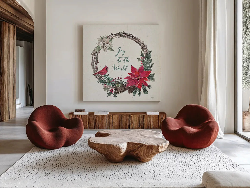 Seasonal Charm V by Anne Tavoletti. Shown as extra-large giant wall art in a modern living room. Available as an archival giclee rolled canvas, fine art paper, or poster print. SKU 36861a.