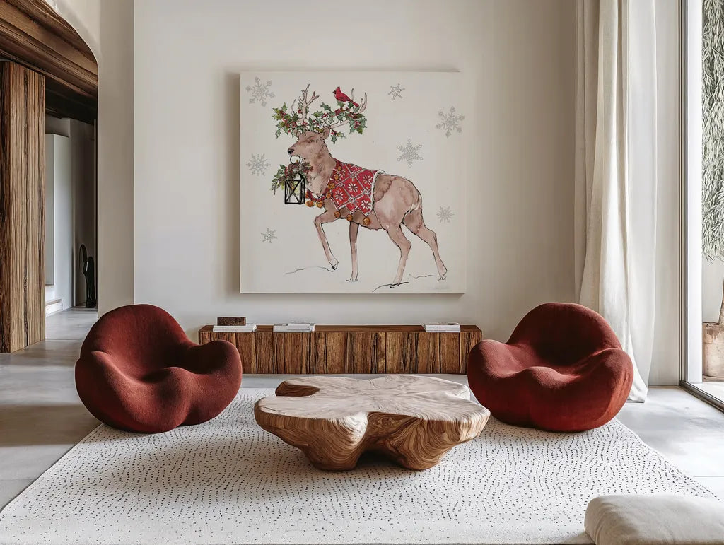 Signs of the Season V Full Deer by Anne Tavoletti. Shown as extra-large giant wall art in a modern living room. Available as an archival giclee rolled canvas, fine art paper, or poster print. SKU 87645a.