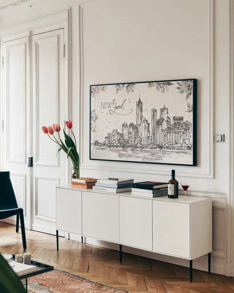Skyline Sketches I by Anne Tavoletti. shown as a framed stretched canvas in a living room above a console. Available as a archival giclee rolled canvas, fine art paper, or poster print. SKU 58815i.