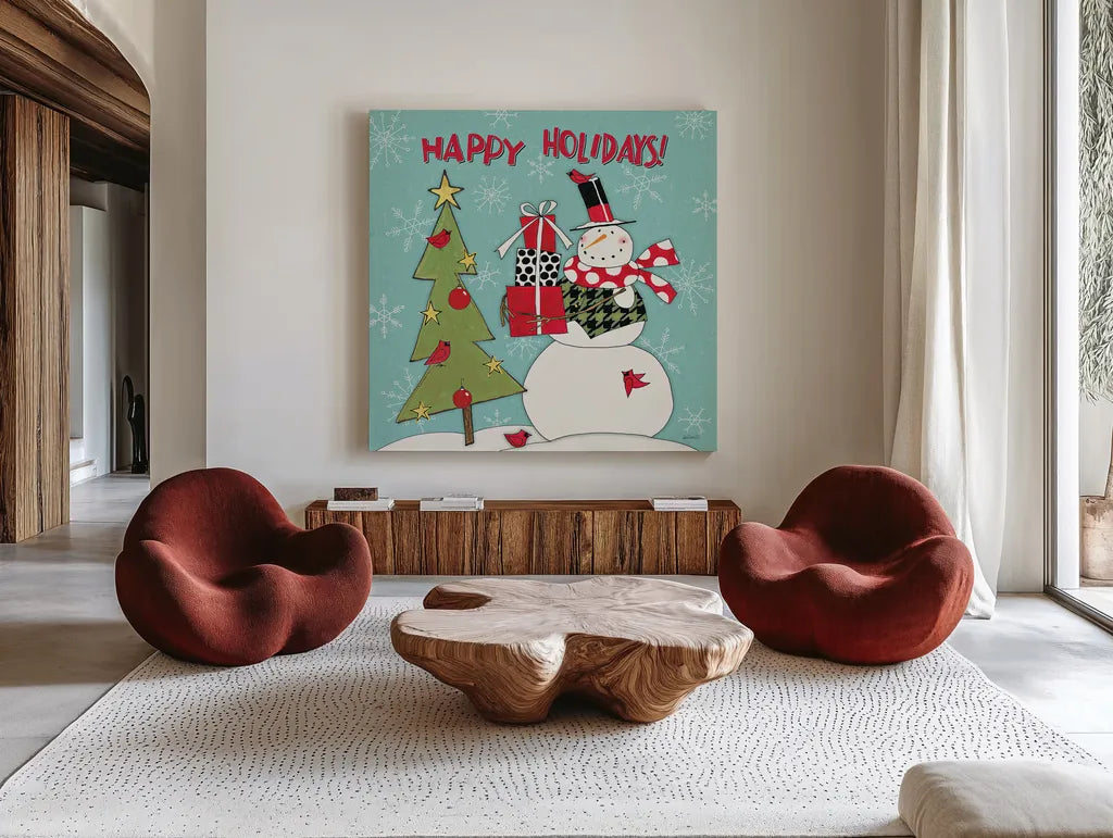 Snowman Sentiments V by Anne Tavoletti. Shown as extra-large giant wall art in a modern living room. Available as an archival giclee rolled canvas, fine art paper, or poster print. SKU 31823a.