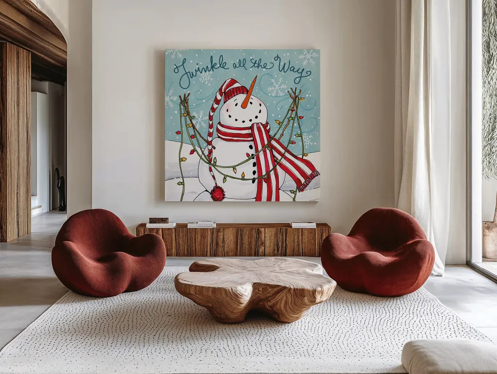 Snowplace Like Home II by Anne Tavoletti. Shown as extra-large giant wall art in a modern living room. Available as an archival giclee rolled canvas, fine art paper, or poster print. SKU 63649a.