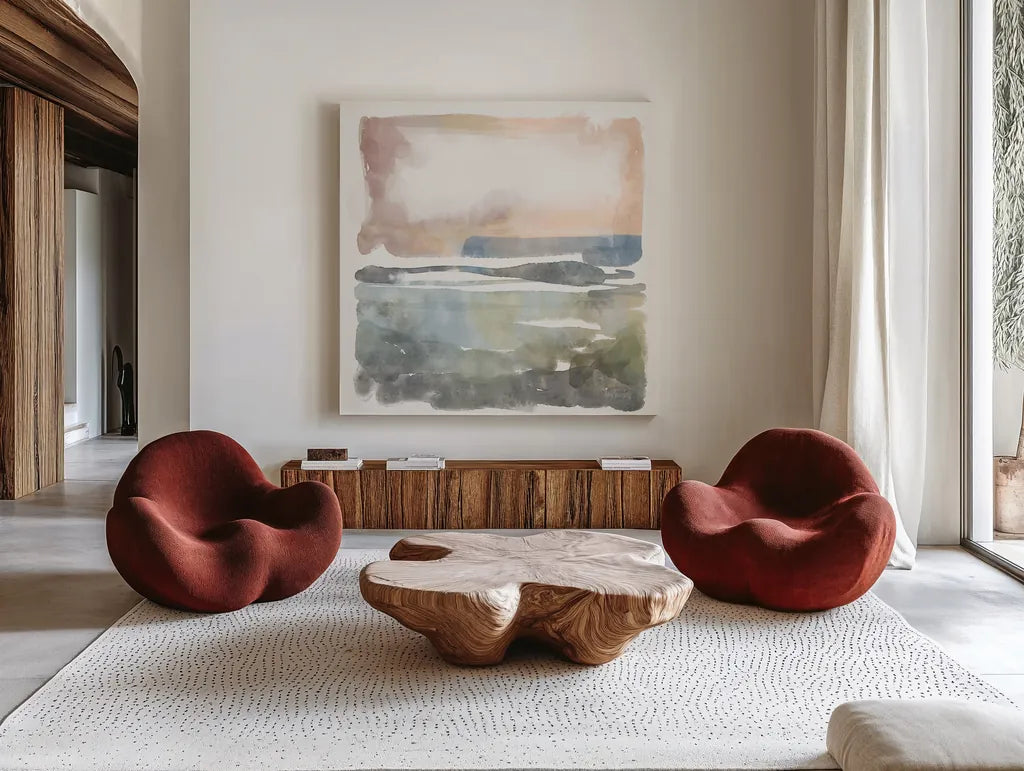 Soft Abstract by Anne Tavoletti. Shown as extra-large giant wall art in a modern living room. Available as an archival giclee rolled canvas, fine art paper, or poster print. SKU 97374a.