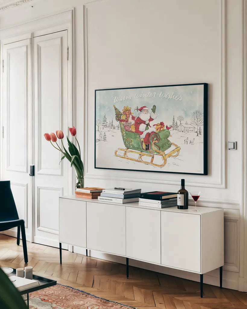 Special Delivery I by Anne Tavoletti. shown as a framed stretched canvas in a living room above a console. Available as a archival giclee rolled canvas, fine art paper, or poster print. SKU 85399i.