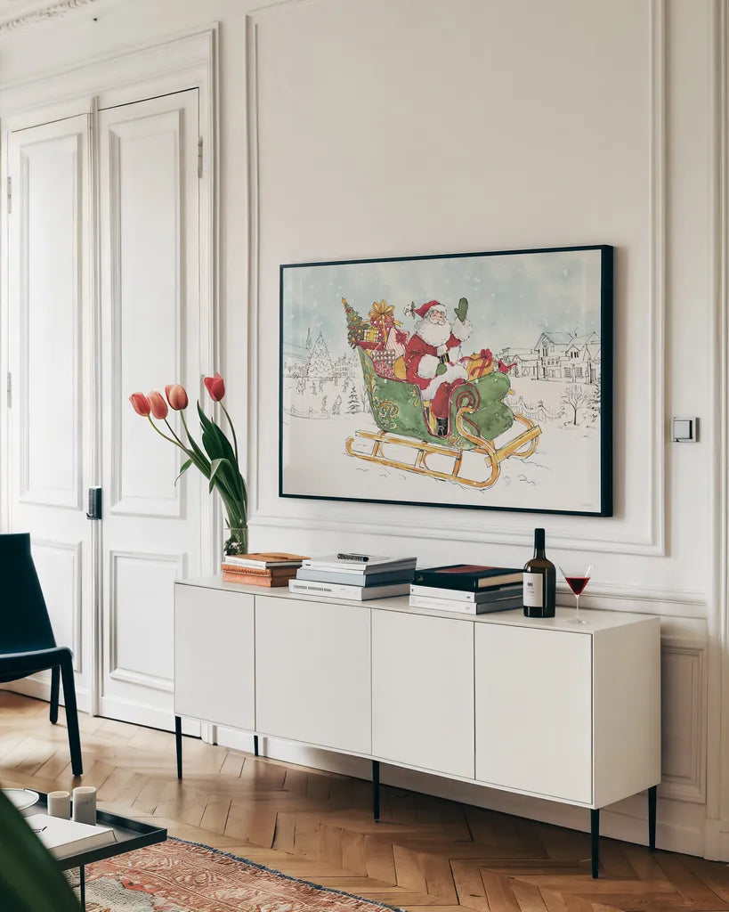 Special Delivery I Village by Anne Tavoletti. shown as a framed stretched canvas in a living room above a console. Available as a archival giclee rolled canvas, fine art paper, or poster print. SKU 87367i.