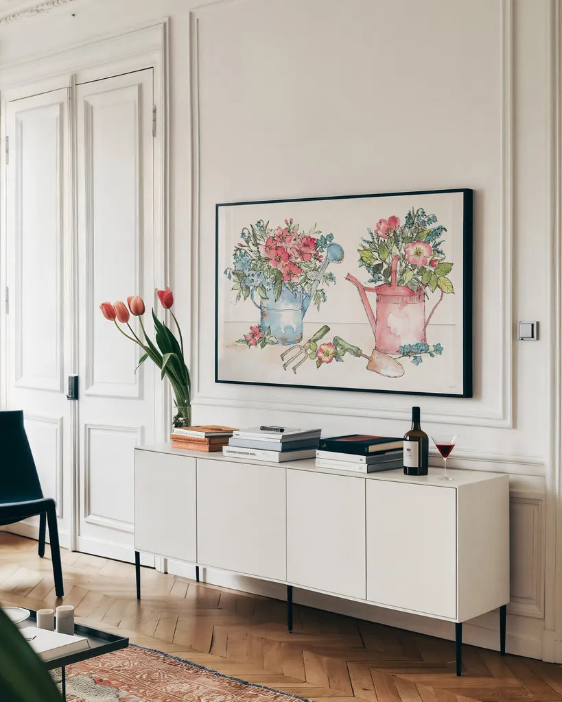 Spring Season I by Anne Tavoletti. shown as a framed stretched canvas in a living room above a console. Available as a archival giclee rolled canvas, fine art paper, or poster print. SKU 78437i.