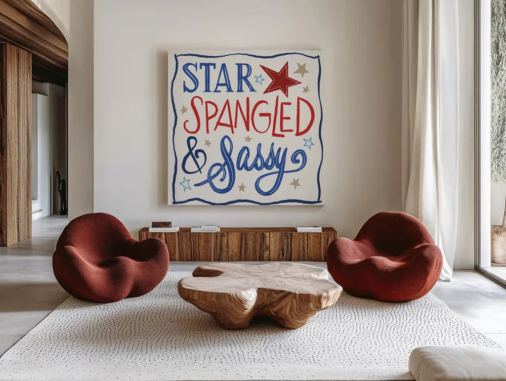 Star Spangled Sayings I by Anne Tavoletti. Shown as extra-large giant wall art in a modern living room. Available as an archival giclee rolled canvas, fine art paper, or poster print. SKU 85904a.