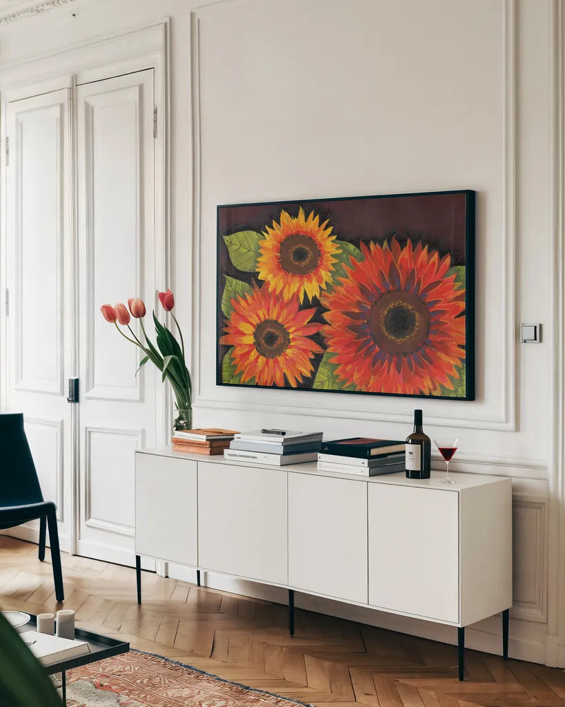 Sunflowers by Anne Tavoletti. shown as a framed stretched canvas in a living room above a console. Available as a archival giclee rolled canvas, fine art paper, or poster print. SKU 26713i.
