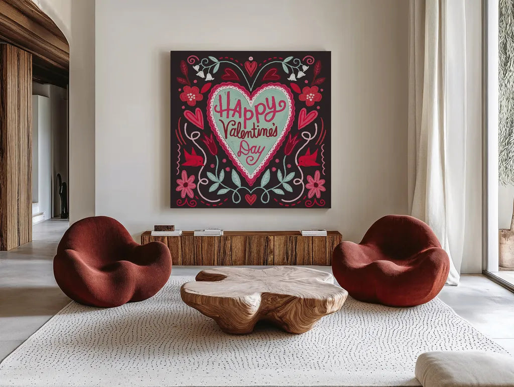 Sweet Hearts VI by Anne Tavoletti. Shown as extra-large giant wall art in a modern living room. Available as an archival giclee rolled canvas, fine art paper, or poster print. SKU 96258a.