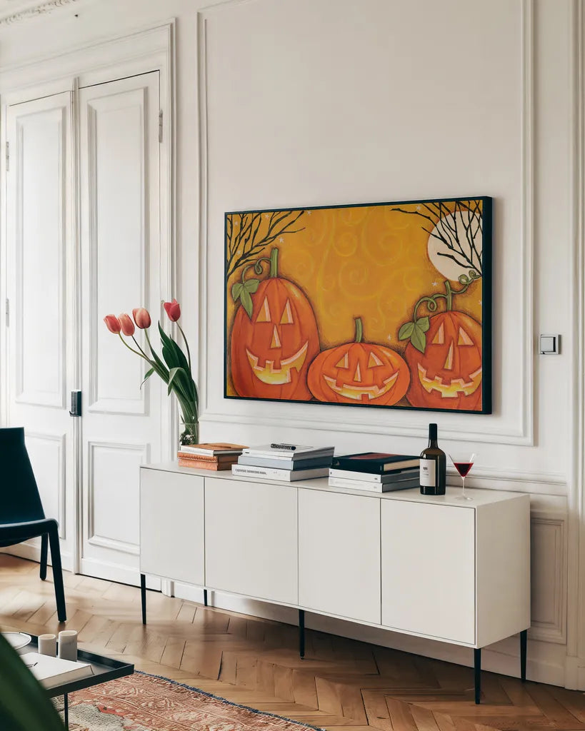 Swirl Pumpkin by Anne Tavoletti. shown as a framed stretched canvas in a living room above a console. Available as a archival giclee rolled canvas, fine art paper, or poster print. SKU 26714i.